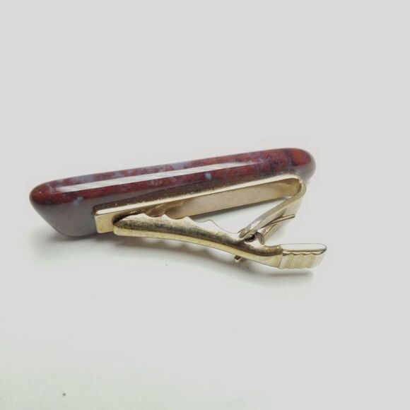 Vintage Red Stone Tie Clip, Polished Unique Shape, Estate - Picture 3 of 5
